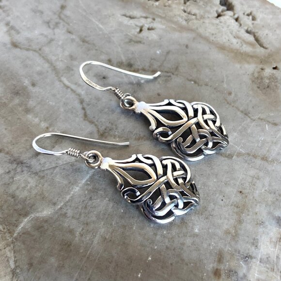 Sterling Silver 925 1.5" Celtic Knot Teardrop Dangle Drop Earrings - Picture 4 of 16